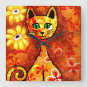 Whimsical Retro Kitty Kat Abstract Art Sinaasappel Vierkante Klok (Voorkant)
