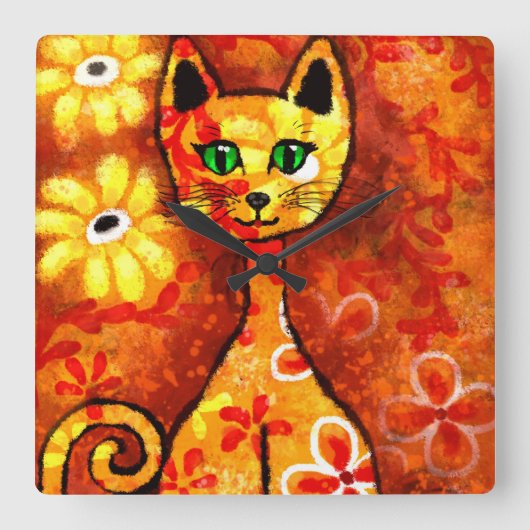 Whimsical Retro Kitty Kat Abstract Art Sinaasappel Vierkante Klok (Voorkant)