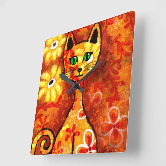 Whimsical Retro Kitty Kat Abstract Art Sinaasappel Vierkante Klok (Hoek)