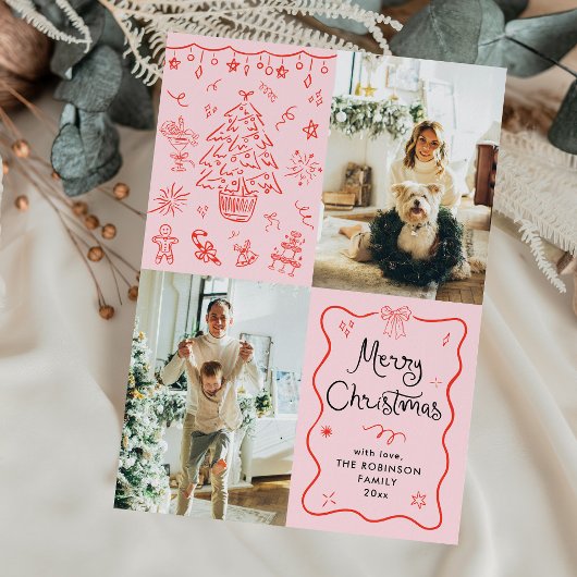 Whimsical Retro Merry Christmas Wavy Lijst 2 Foto Feestdagenkaart