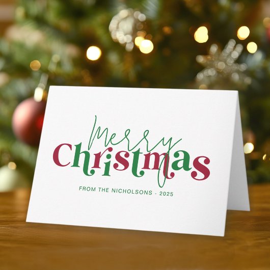 Whimsical Retro Merry Christmas with Family Name Kaart