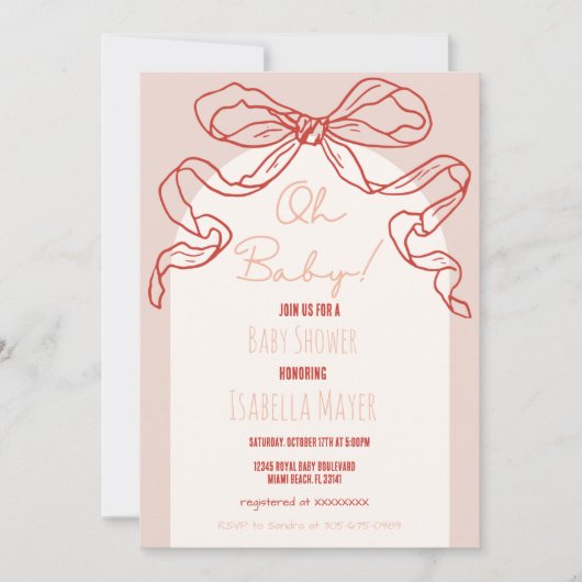 Whimsical Retro Perzik Hand getrokken Bow Baby sho Kaart (Voorkant)