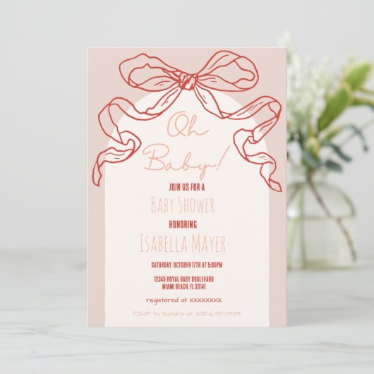 Whimsical Retro Perzik Hand getrokken Bow Baby sho Kaart (Staand voorkant)