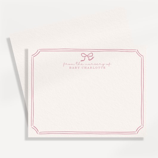 Whimsical retro Pink Bow Nursery Note Card Kaart