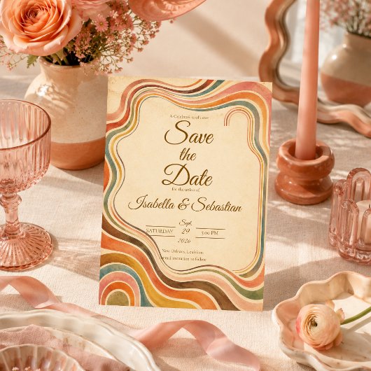 Whimsical Retro Regenboog Bruiloft Save The Date