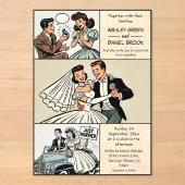 Whimsical Retro Romantische Bruid Bruidegom Comic Acryl Uitnodigingen (Voorkant)