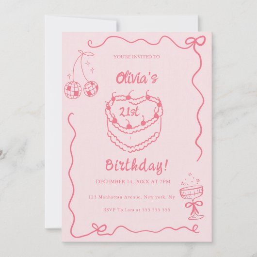 Whimsical  Retro Roze Cake Verjaardagsfeestje Kaart (Voorkant)