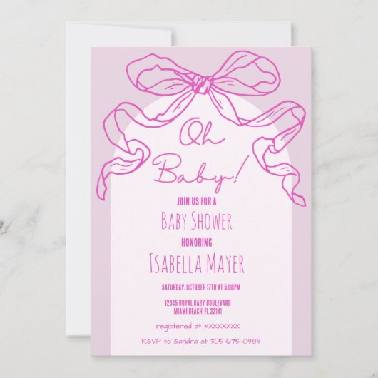 Whimsical Retro Roze Hand getrokken Bow Baby showe Kaart (Voorkant)