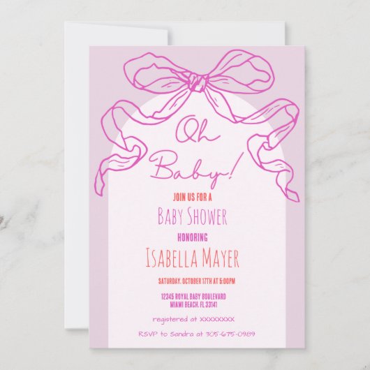 Whimsical Retro Roze Hand getrokken Bow Baby showe Kaart (Voorkant)