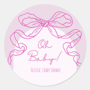 Whimsical Retro Roze Hand getrokken Bow Baby showe Ronde Sticker