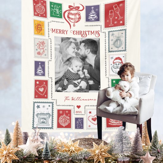 Whimsical Retro Stamp Christmas Illustration Photo Fleece Deken