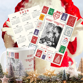 Whimsical Retro Stamp Holiday Photo 2026 Calendar Feestdagenkaart