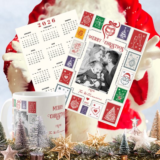 Whimsical Retro Stamp Holiday Photo 2026 Calendar Feestdagenkaart