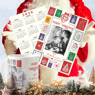 Whimsical Retro Stempel Vakantie Foto 2026 Kalende Feestdagenkaart