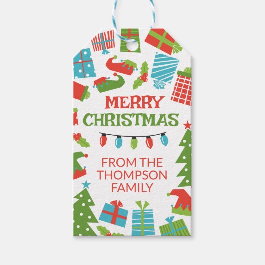 Whimsical Retro Tree & Gifts Vrolijk Kerstfeest Cadeaulabel (Voorkant)