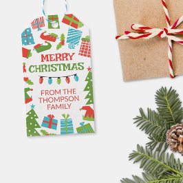 Whimsical Retro Tree & Gifts Vrolijk Kerstfeest Cadeaulabel