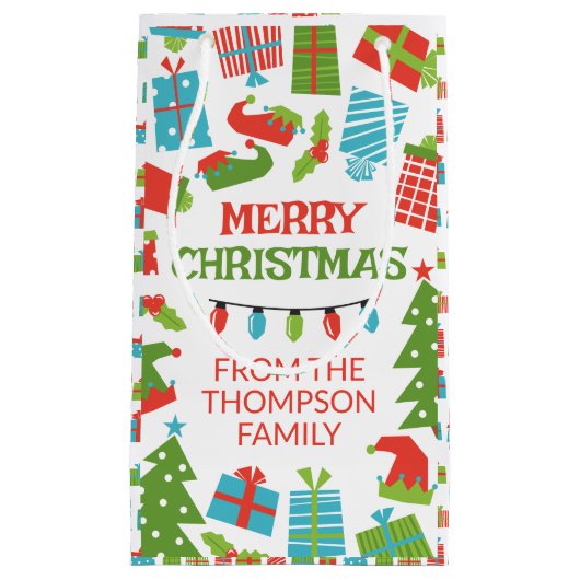 Whimsical Retro Tree & Gifts Vrolijk Kerstfeest Klein Cadeauzakje (Voorkant)