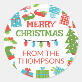 Whimsical Retro Tree & Gifts Vrolijk Kerstfeest Ronde Sticker