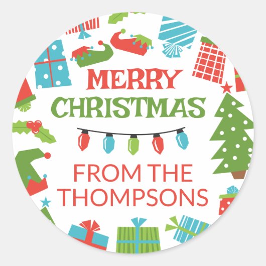 Whimsical Retro Tree & Gifts Vrolijk Kerstfeest Ronde Sticker (Voorkant)