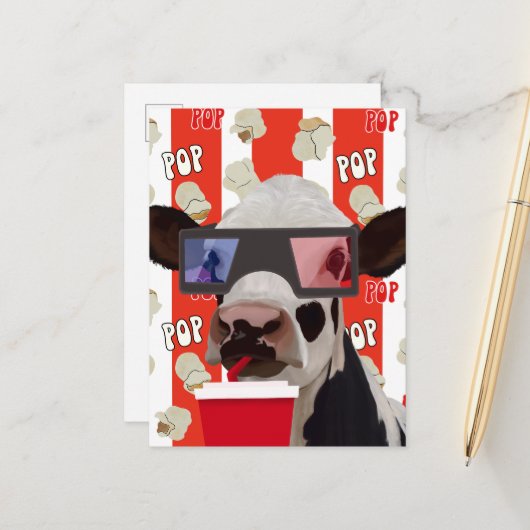 Whimsical Retro Vibes Popcorn Lover Koe Briefkaart (Voorkant / Achterkant in situ)