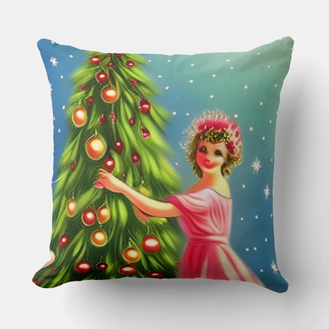Whimsical Retro Vintage Kerst Dame en Boom Kussen (Voorkant)
