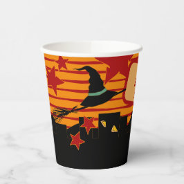 Whimsical Retro Witch Hat Over Skyline Halloween Papieren Bekers
