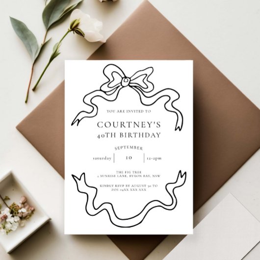 Whimsical Ribbon Bow 40th Birthday Party Kaart