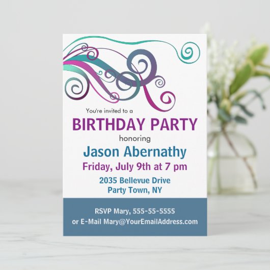 Whimsical Ribbon Curls Party Uitnodigen Kaart (Staand voorkant)