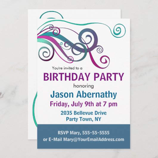 Whimsical Ribbon Curls Party Uitnodigen Kaart (Voorkant / Achterkant)