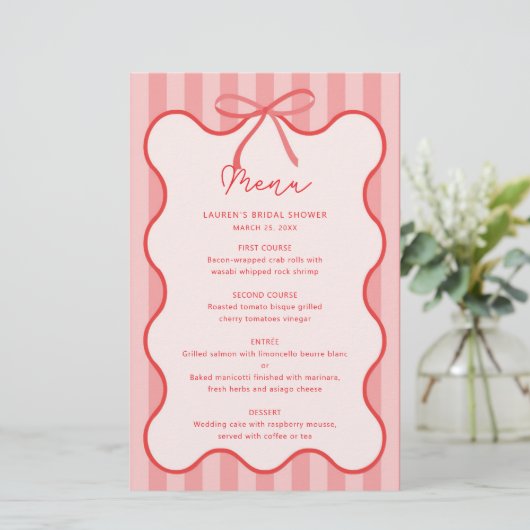 Whimsical Ribbon vrijgezellenfeest menu met naam (Staand voorkant)