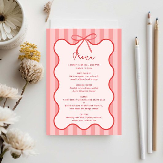 Whimsical Ribbon vrijgezellenfeest menu met naam