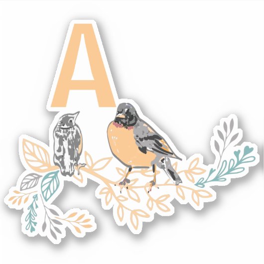 Whimsical Robin Bird Mama Baby Flowers Monogram Sticker (Voorkant)