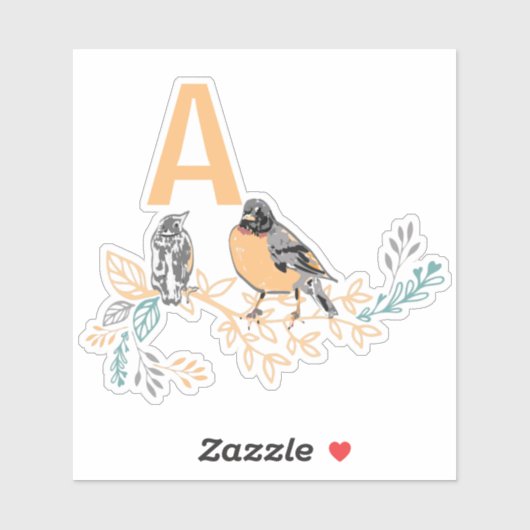 Whimsical Robin Bird Mama Baby Flowers Monogram Sticker (Vel)