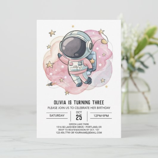 Whimsical Rocket Whimsy Astronaut Verjaardag Kaart (Staand voorkant)