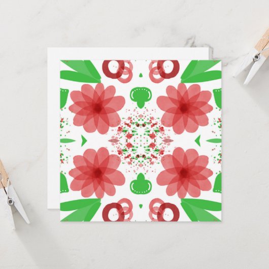 Whimsical rode bloemen groene bladeren op witte ku kaart (Voorkant / Achterkant in situ)