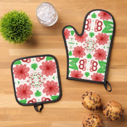 Whimsical rode bloemen groene bladeren op witte ku ovenwant & pannenlap set (Top down)