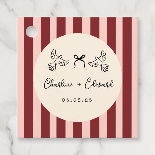 Whimsical rode en blush roze gestreepte trouw bedankjes labels (Voorkant)