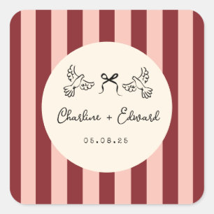 Whimsical Rode en Blush Roze Gestreepte Trouw  Vierkante Sticker