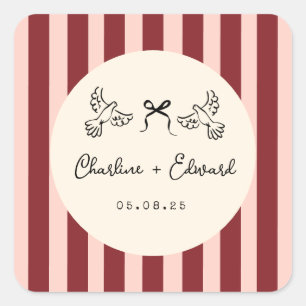 Whimsical rode en blush roze gestreepte trouw  vierkante sticker