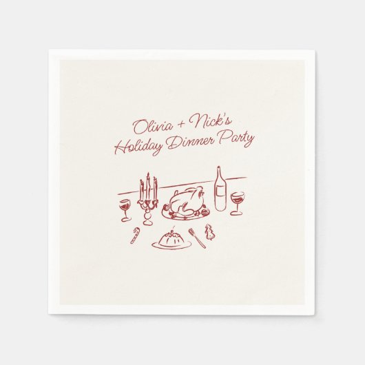 Whimsical Rode Hand Getekend Kerst Dinerfeest  Servet (Voorkant)
