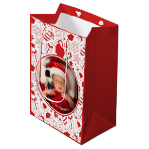 Whimsical Rode Kerst Doodle Kunst Aangepaste Foto Medium Cadeauzakje