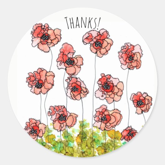 Whimsical rode klaproos bloemen dank u Sticker (Voorkant)