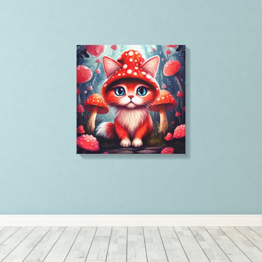 Whimsical Rode Paddestoel Kat Uitgerekte Canvas (Insitu (Houten vloer))