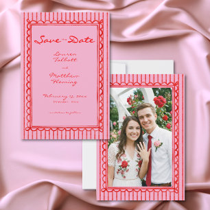 Whimsical Rode Roze Aquarel Streep Foto Bruiloft Save The Date