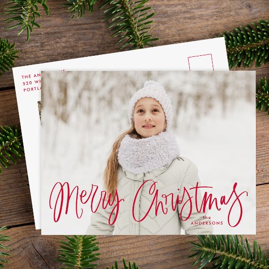 Whimsical Rode Script Prettig Kerst 2 Foto Feestdagenkaart