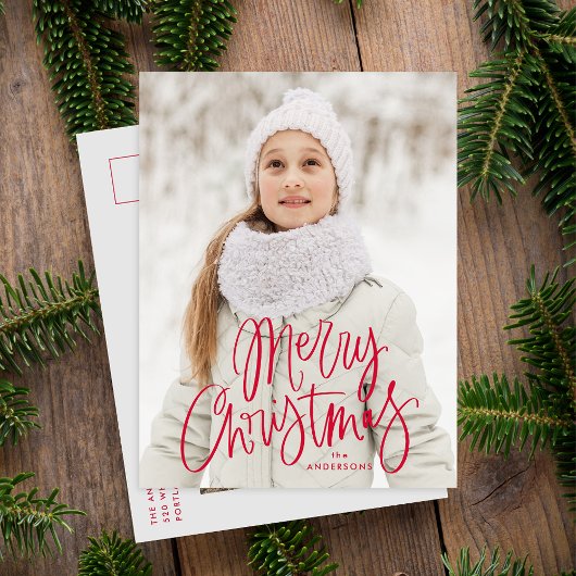 Whimsical Rode Script Prettig Kerst 2 Foto Feestdagenkaart