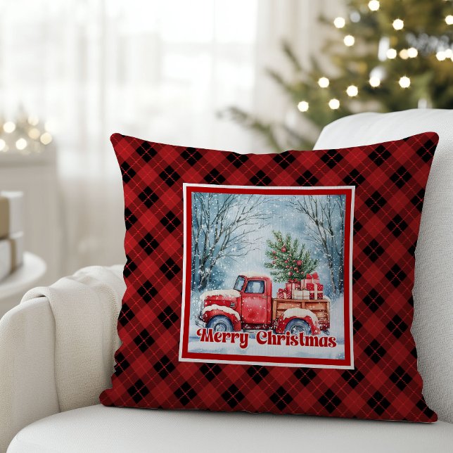 Whimsical rode vrachtwagen Kerst scène rustieke fe Kussen (Whimsical red truck Christmas scene rustic festive pillow

)