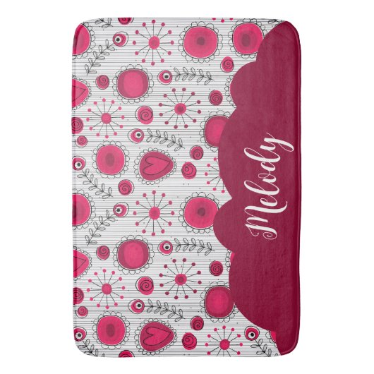 Whimsical rode witte harten bloemen bloemige naam badmat (Voorkant Verticaal)