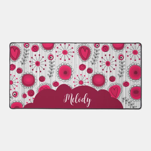 Whimsical rode witte harten bloemen bloemige naam bureaumat (Voorkant)