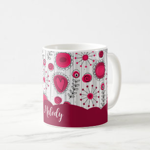 Whimsical rode witte harten bloemen bloemige naam koffiemok